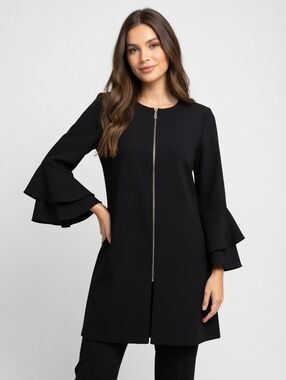 Alfani Women Blazer PM Black Ruffle Sleeve Front Zip Lined Trench Coat Jacket VG